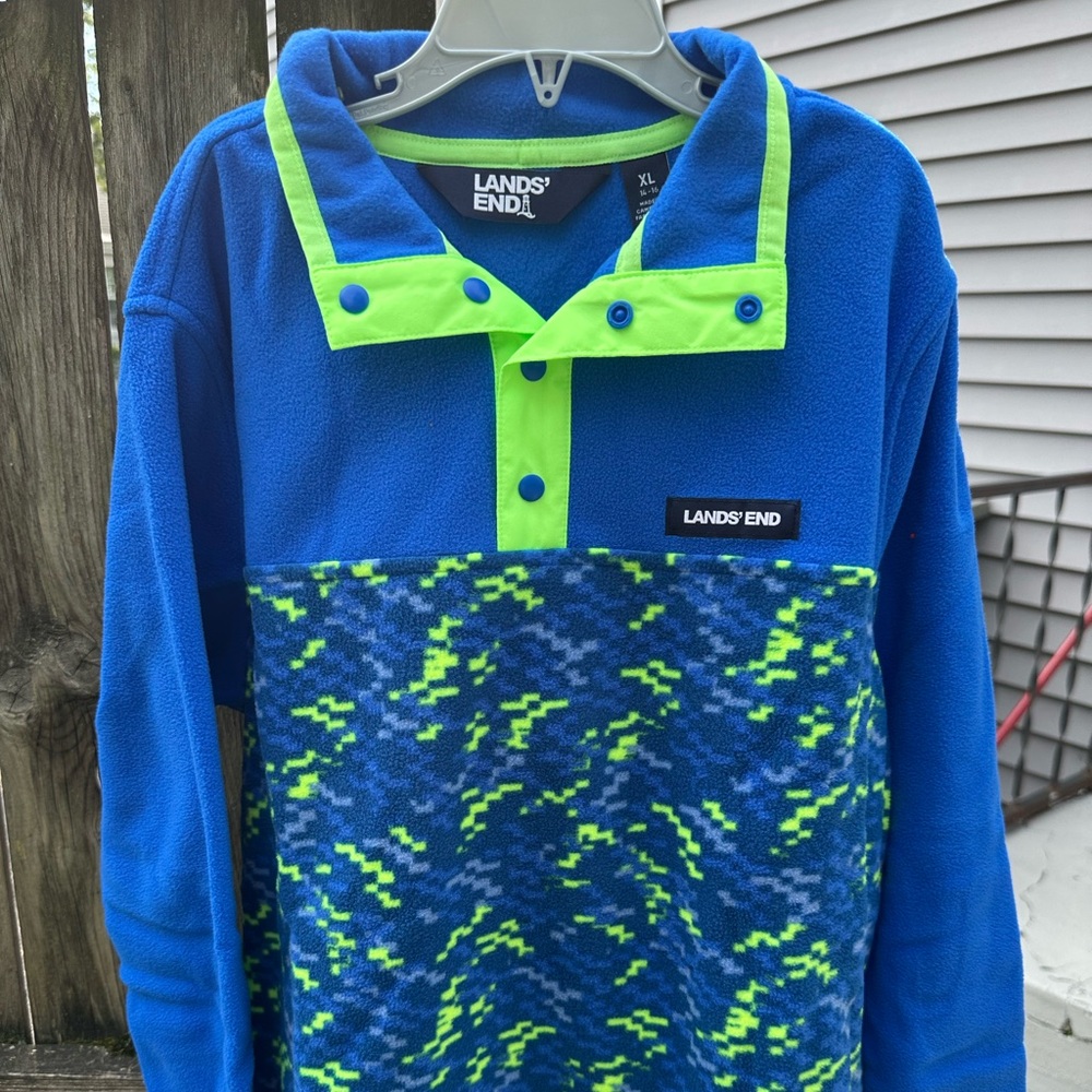Lands' End Kids Blue and Neon Green Fleece Hoodie